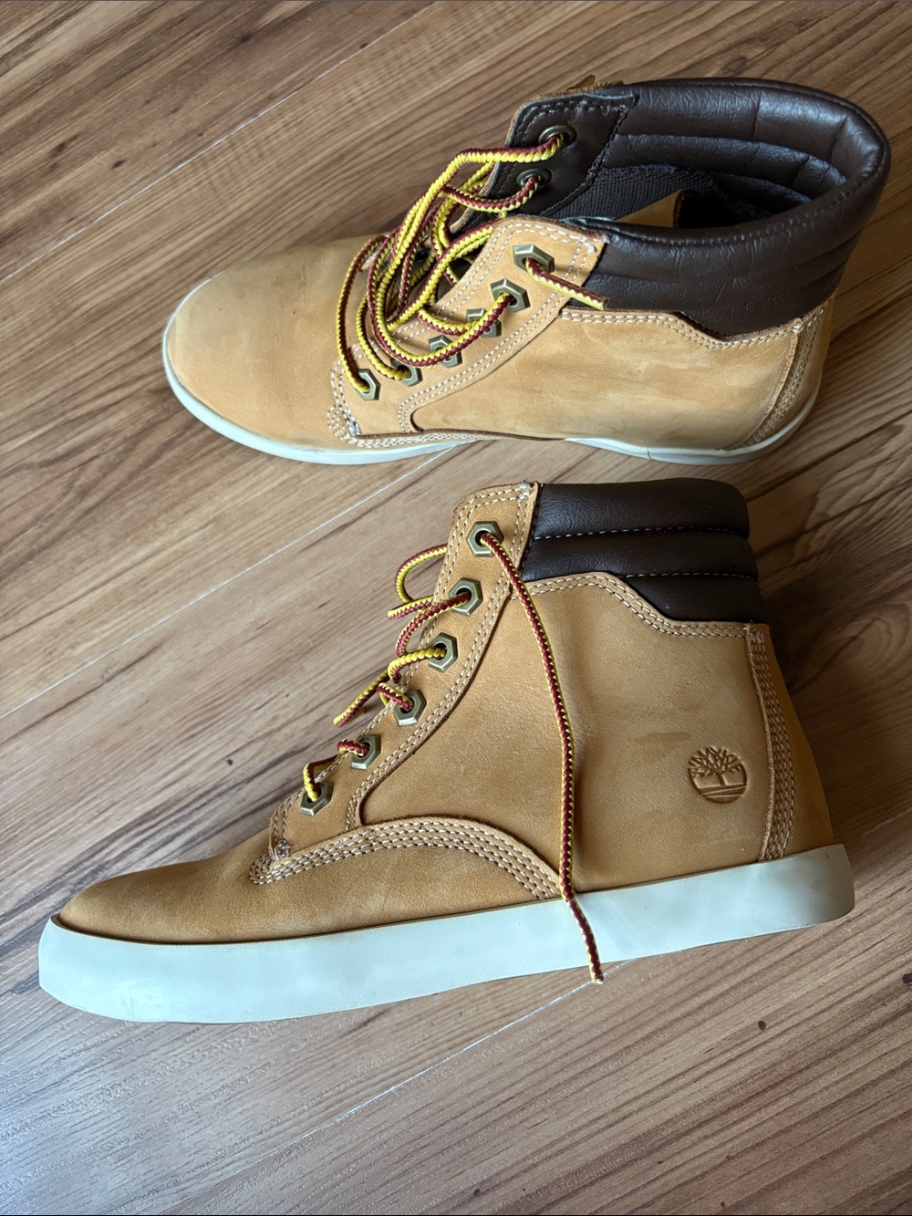 Timberland Tan Nubuck High-Top Sneakers with Dark Brown Collar